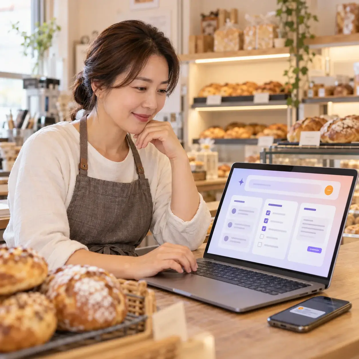 ChatGPT 매장 업무 자동화 화면을 확인하는 베이커리 사장님